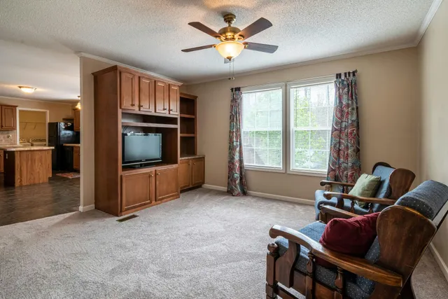 Living room with a TV cabinet, recliner chairs, a ceiling fan, and window with curtains