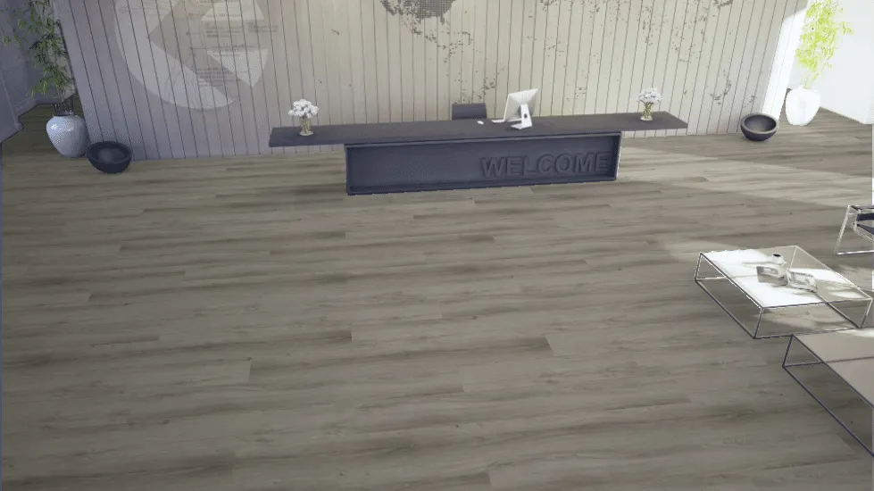 A modern reception area with wood-look flooring, a dark welcome desk, and light-toned, textured wall paneling.
