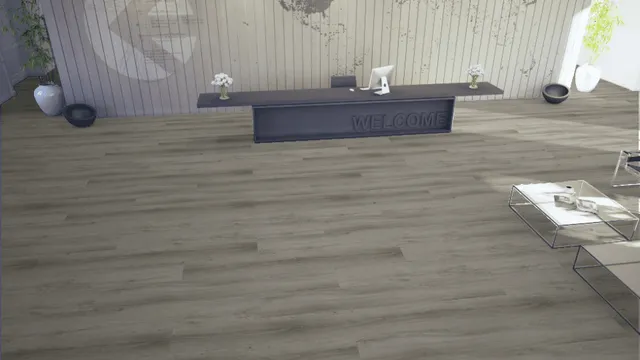 A modern reception area with wood-look flooring, a dark welcome desk, and light-toned, textured wall paneling.