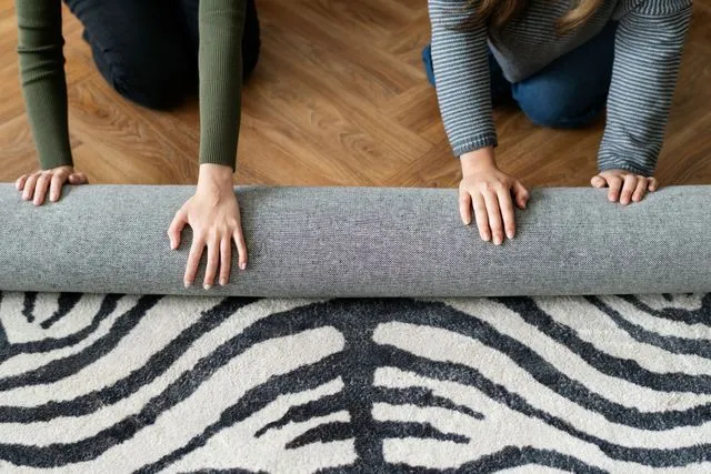 Two people roll out a grey, zebra-patterned rug on a wooden floor.